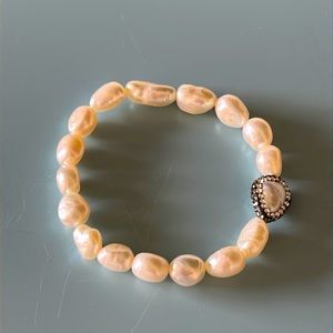 Freshwater Genuine White Pearl Stretch Bracelet Pear Shape Bead Black Diamond